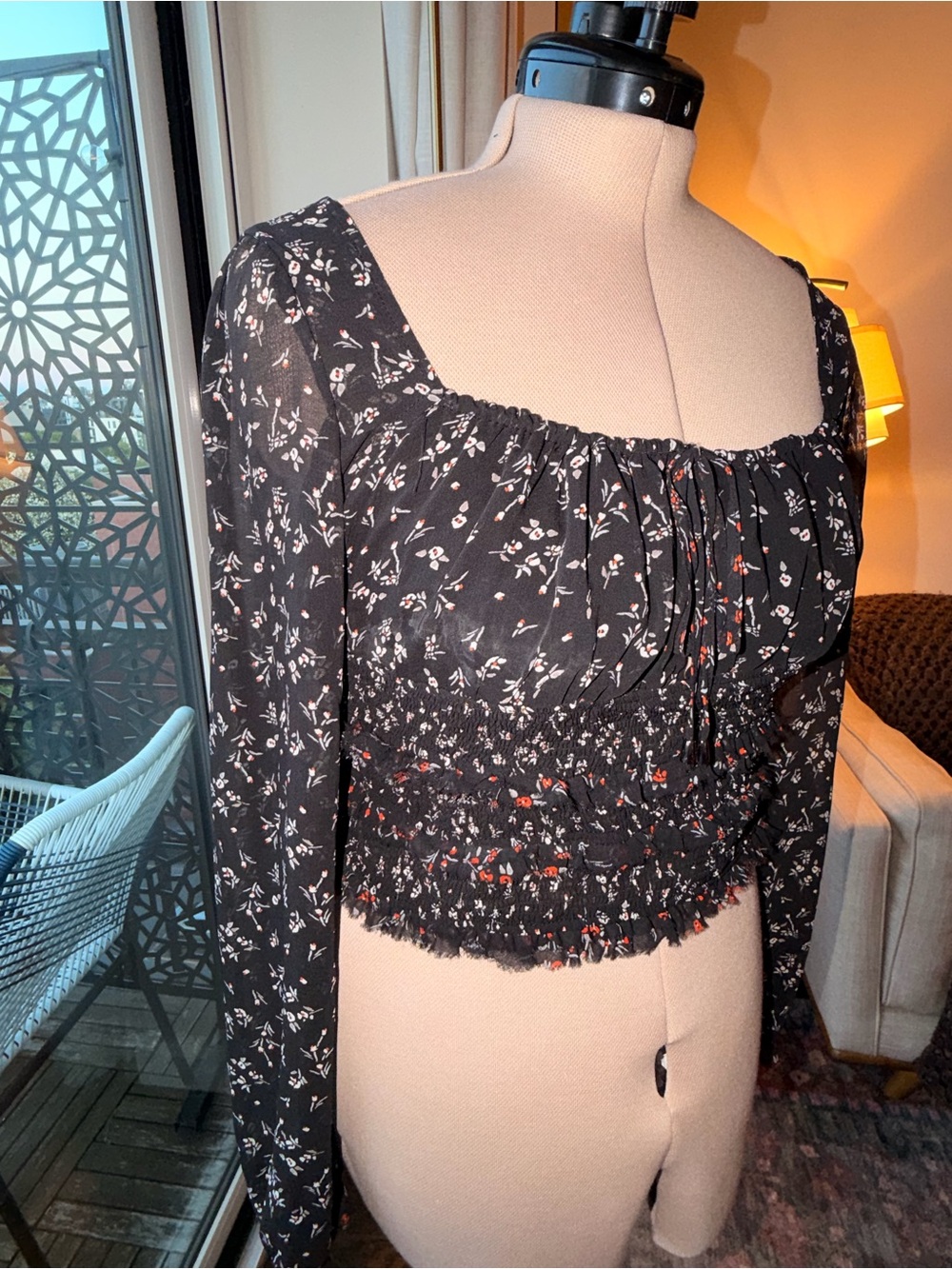 FREE PEOPLE Black Floral Smocked Long-Sleeve Crop Top - Picture 3 of 8